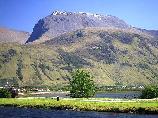Stunning view of Ben Nevis from the sea basin of the Caledonian Canal