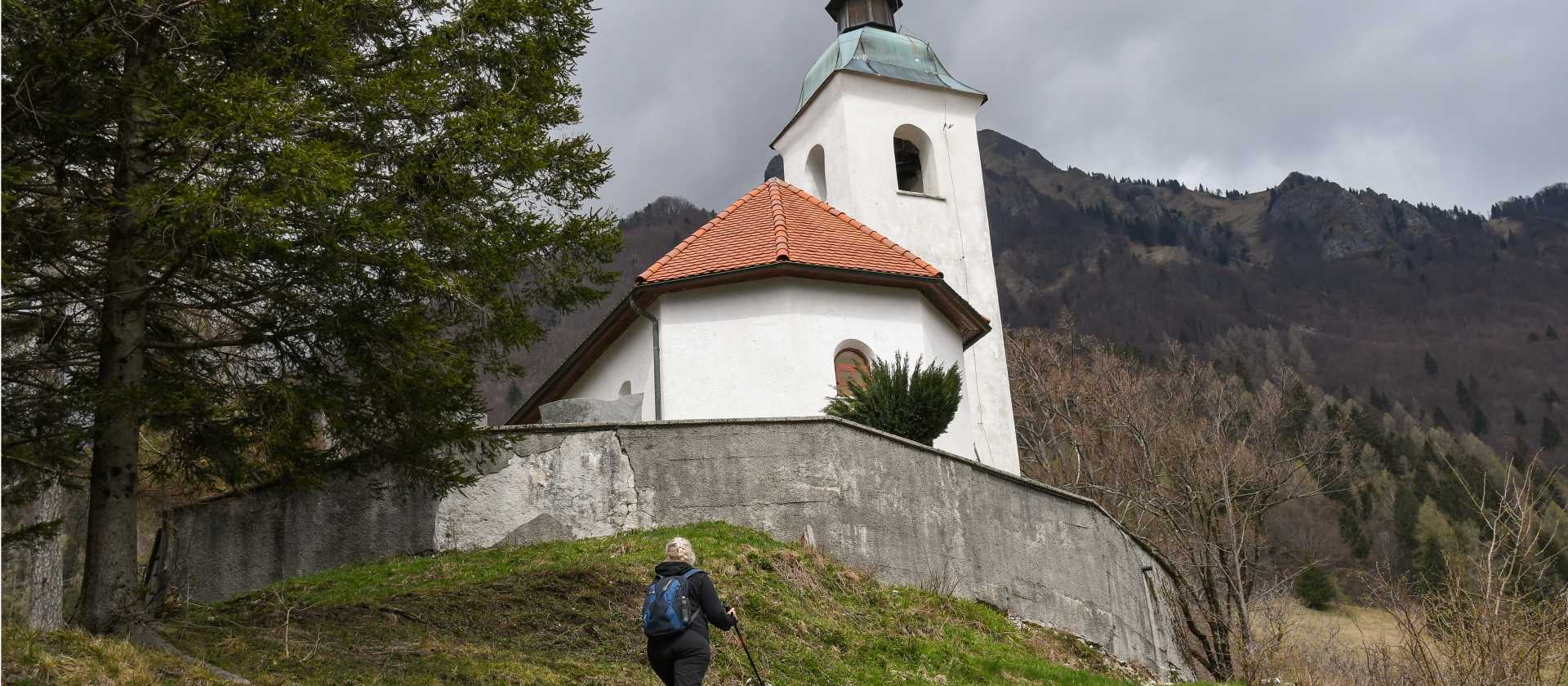 The Church of St. Peter above Begunje, a scenic landmark along the Juliana Trail.