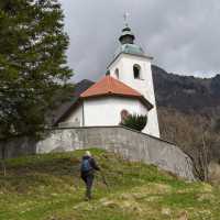 The Church of St. Peter above Begunje, a scenic landmark along the Juliana Trail.