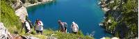 Hikers ascending above the lakes in the Aigues Tortes