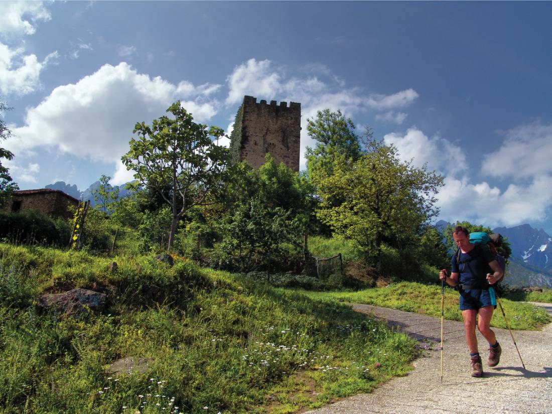 Hiker on Compostela Trail in Cantabria region, Spain