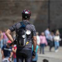 Cyclist finishing the Camino de Santiago