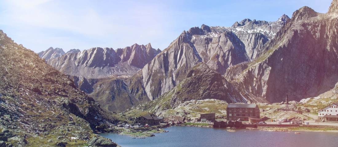 The historic Great St Bernard Pass refuge nestled between a lake and soaring mountains on the Via Francigena in Switzerland |  <i>Stephane Engler</i>