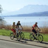 Cycling along the lake in middle Switzerland