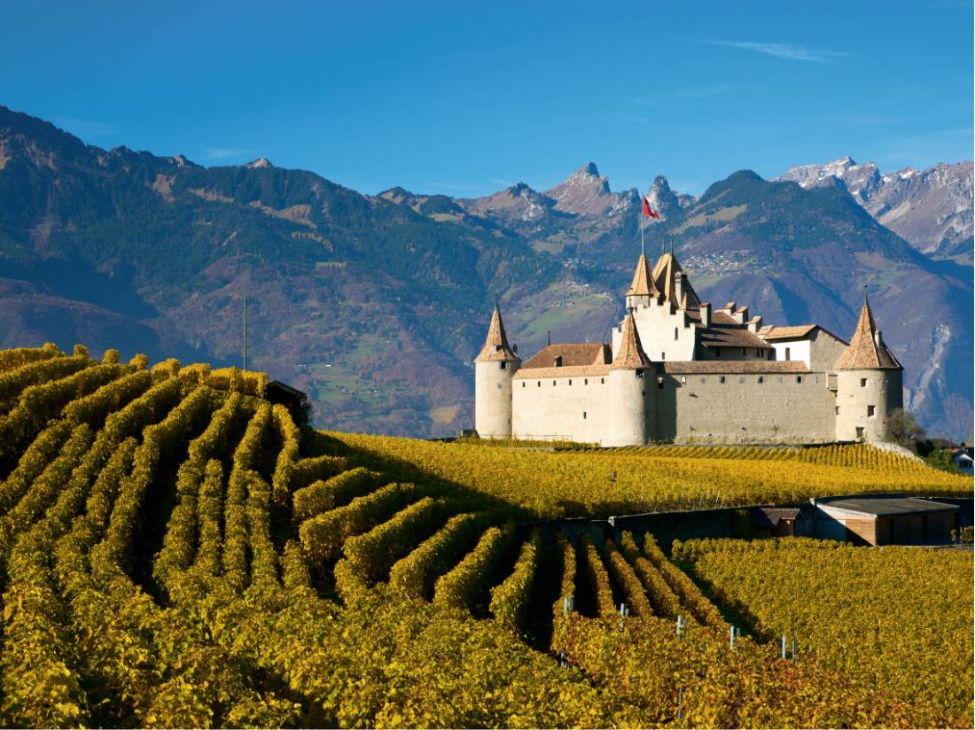 Stunning scenery and Aigle Castle along the Via Francigena in Switzerland