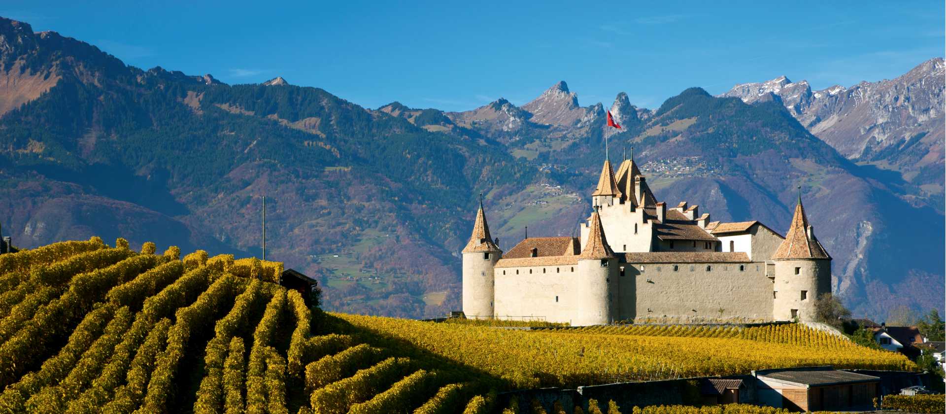 Stunning scenery and Aigle Castle along the Via Francigena in Switzerland