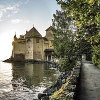 Chillon Castle on Lake Geneva, passed on the Via Francigena to Italy
