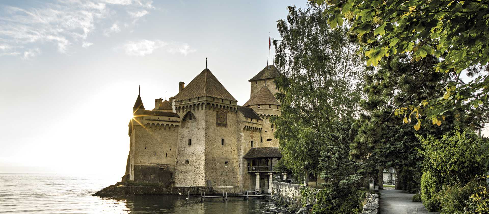 Chillon Castle on Lake Geneva, passed on the Via Francigena to Italy