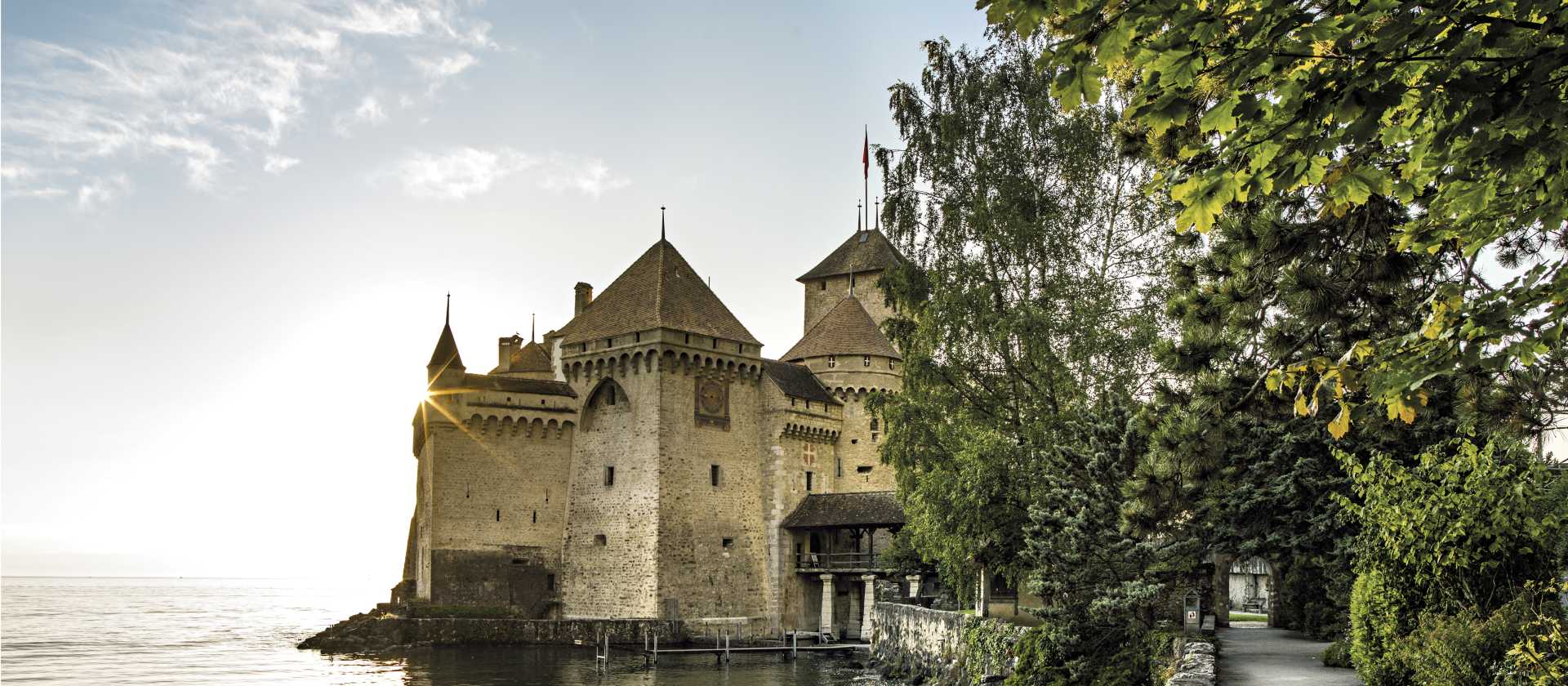 Chillon Castle on Lake Geneva, passed on the Via Francigena to Italy