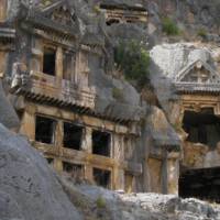 Ancient structures carved into the hillside in Myra in Turkey