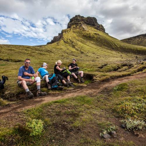 Hikers taking a break on a walking trip in Iceland
