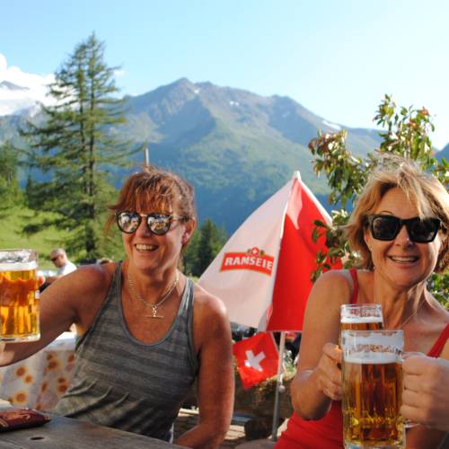 Enjoying a post trekking beverage in Trient