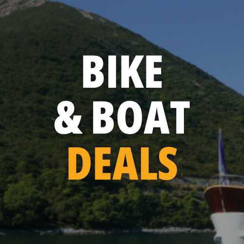 Cycling and boating deals promotion featuring a boat bow on a wooded coastline.
