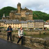 Hikers leaving Estaing on the Way of St James
