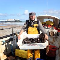 Norfolk Coast Path fisherman sorting crab catch beside his boat on Cromer beach
