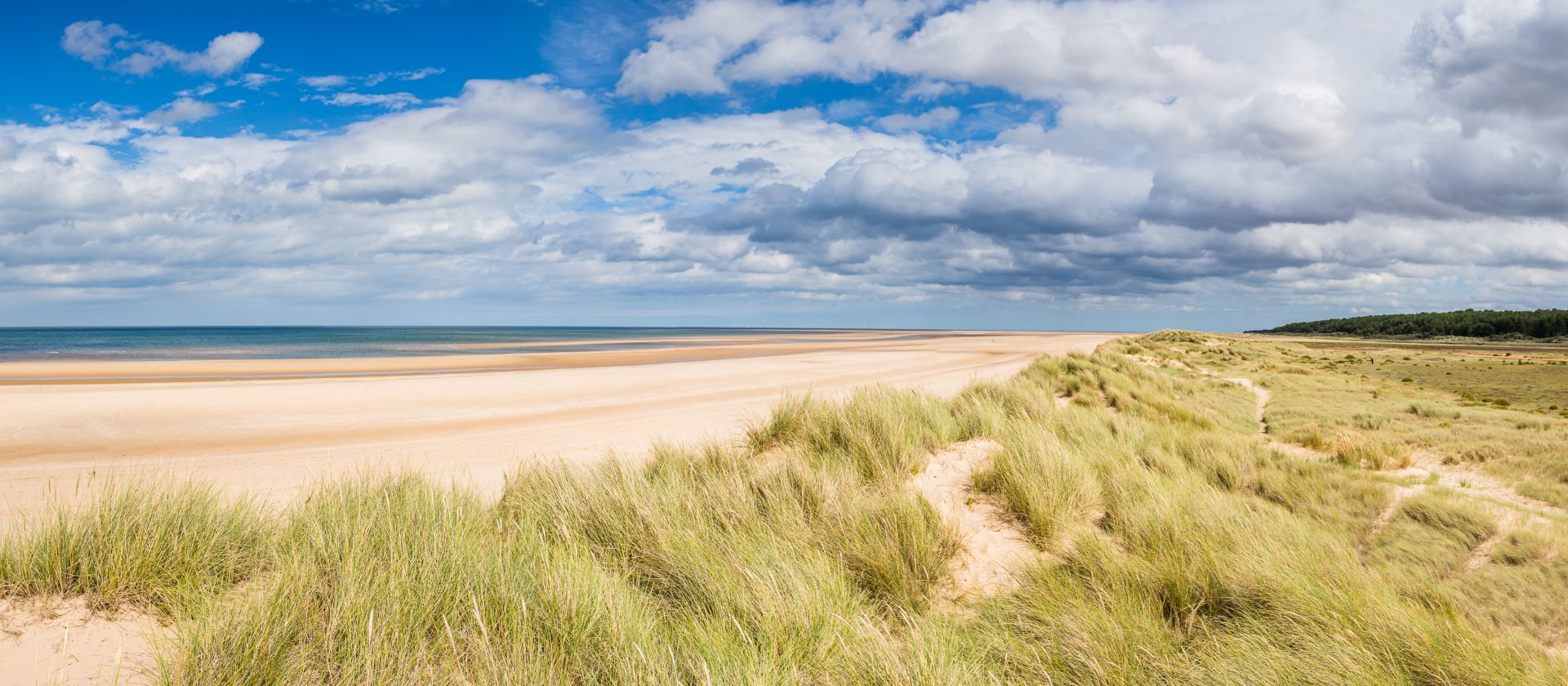 Norfolk Coast Path winds through grassy dunes above Holkham Beach