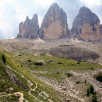 Tre Cime from the winding trail below the Locatelli Hut