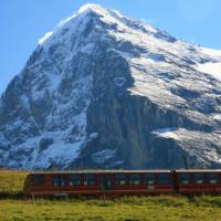 A Swiss train passing the North Face of Eiger