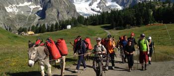 Families walking with donkeys beneath the lofty heights of Mont Blanc | Kate Baker