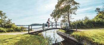 Woman cycling on a scenic wooden bridge in Denmark. | Daniel Villadsen