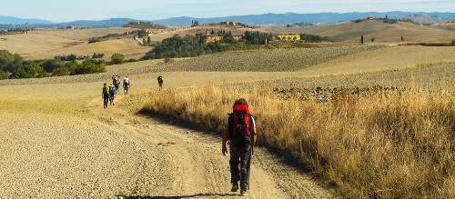 Pilgrims making their way towards Rome on the Via Francigena
