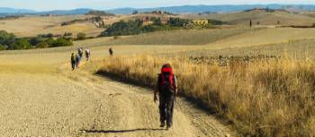 Pilgrims making their way towards Rome on the Via Francigena