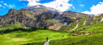 Looking up at huge, wildly eroded limestone cliffs in the Dolomites, Italy, where mountain peaks and spires soar above meadows, forests and lakes. | Anthony Holm